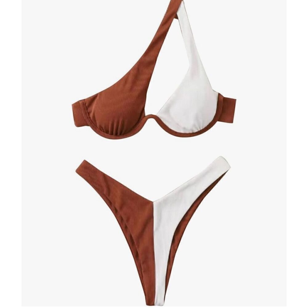 Color Block One Shoulder Brown White Bikini See Description